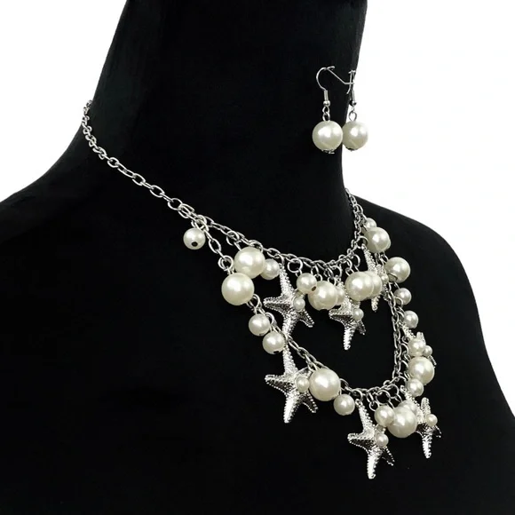 2 Row Layered Starfish Pearl Necklace Earrings Set - Picture 2 of 3